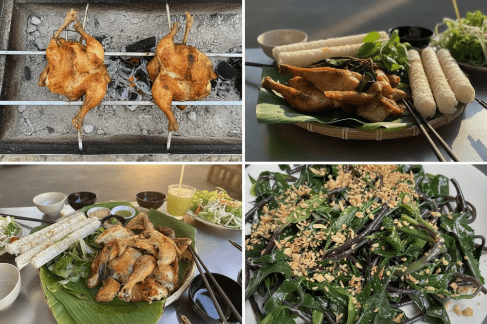 Gà nướng thấm vị, cơm lam dẻo thơm, chấm muối đậu phộng béo bùi và muối ớt cay mặn hài hòa